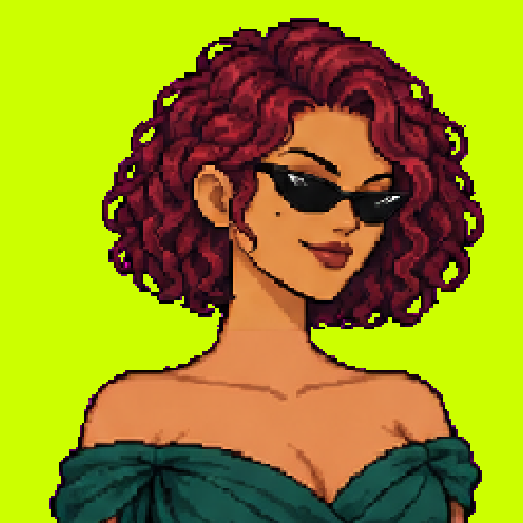 Baddie #0401 in emerald eveningwear, burgundy curls and black sunglasses against the collection's lime background.
